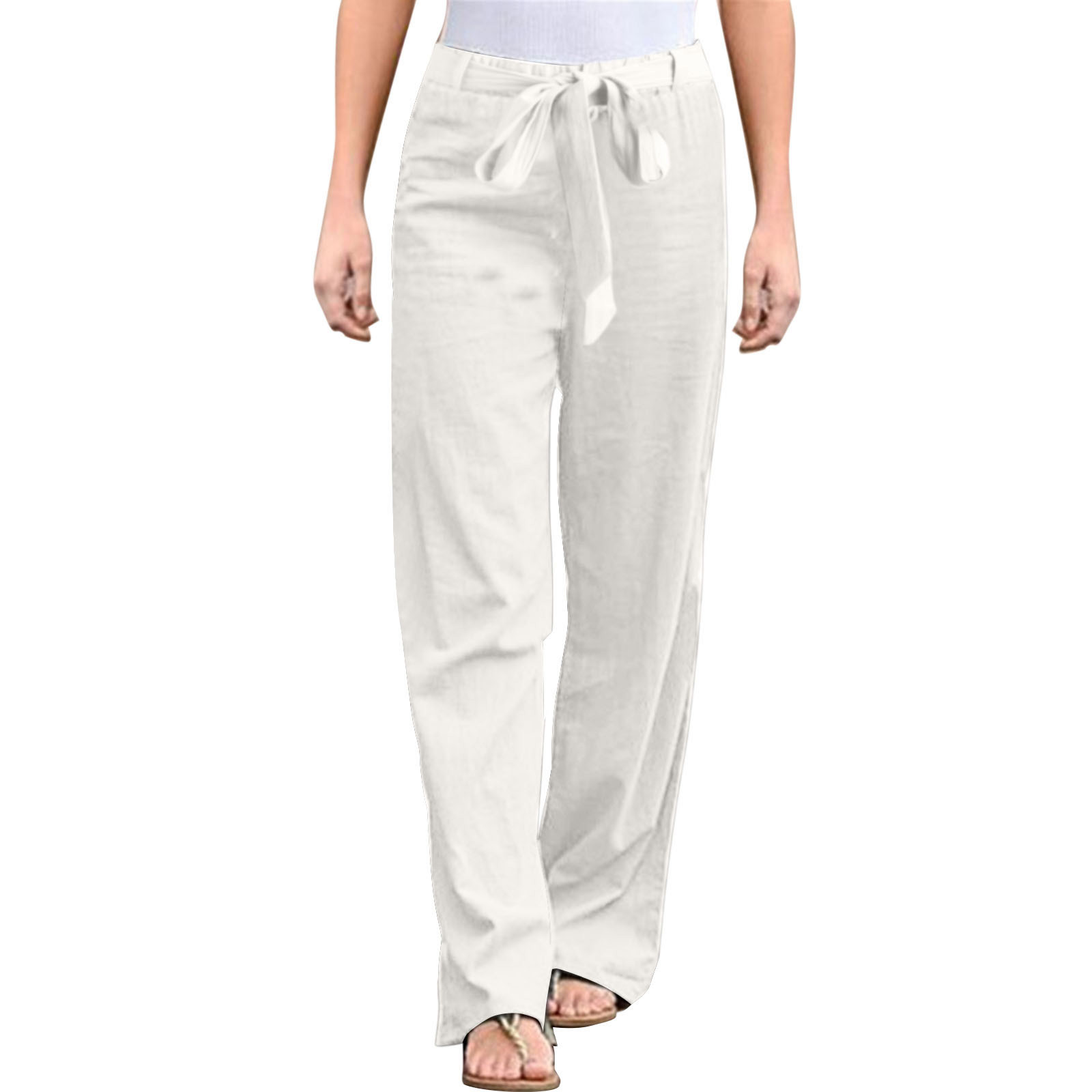 Pantalones anchos de algodón y lino para mujer: cintura alta elástica, cordón, transpirables, ropa informal para la oficina y la playa, tallas S-XXL, cintura de 66 a 88 cm.